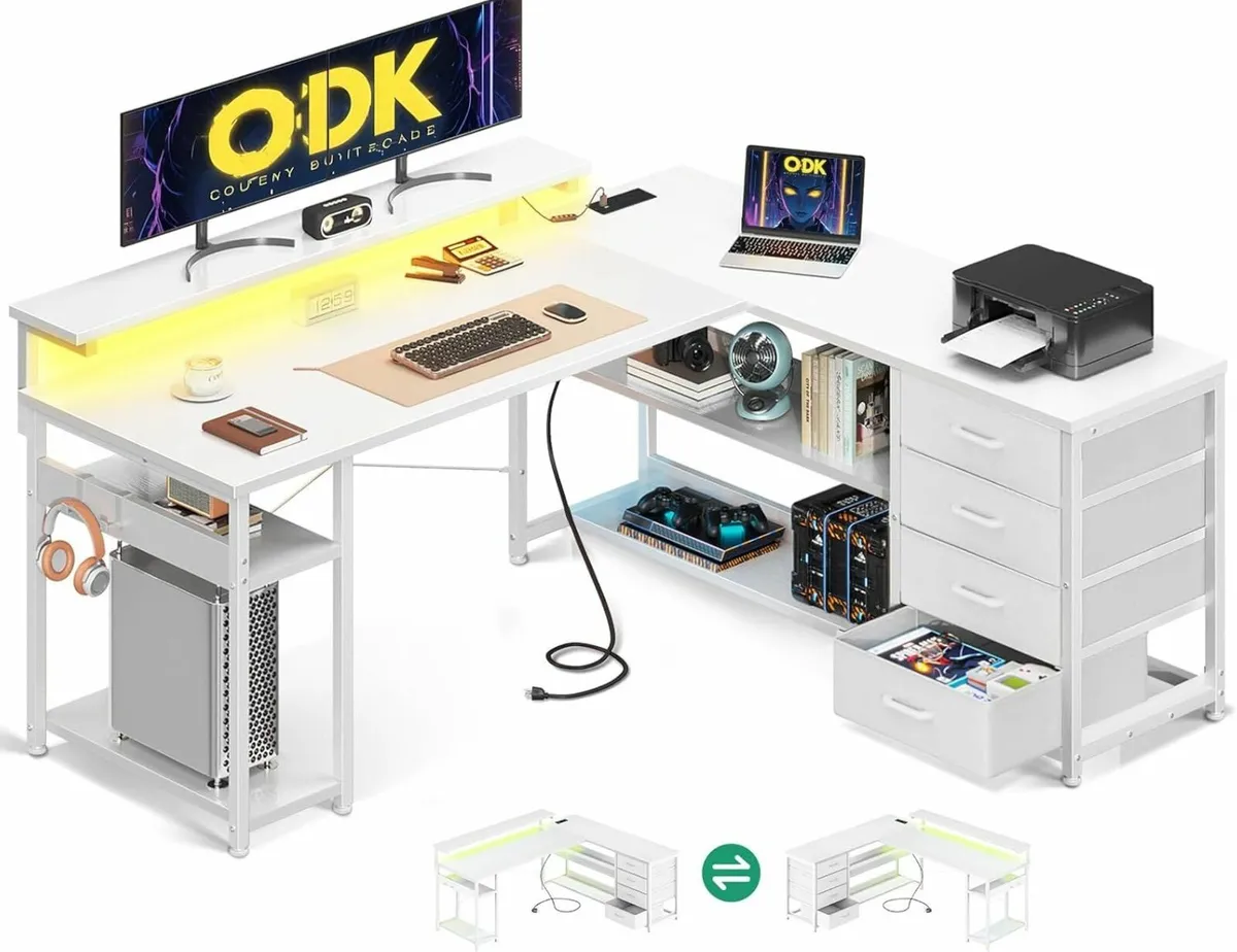 Corner Drawers Gaming office Desk LED 135×110cm - Image 1