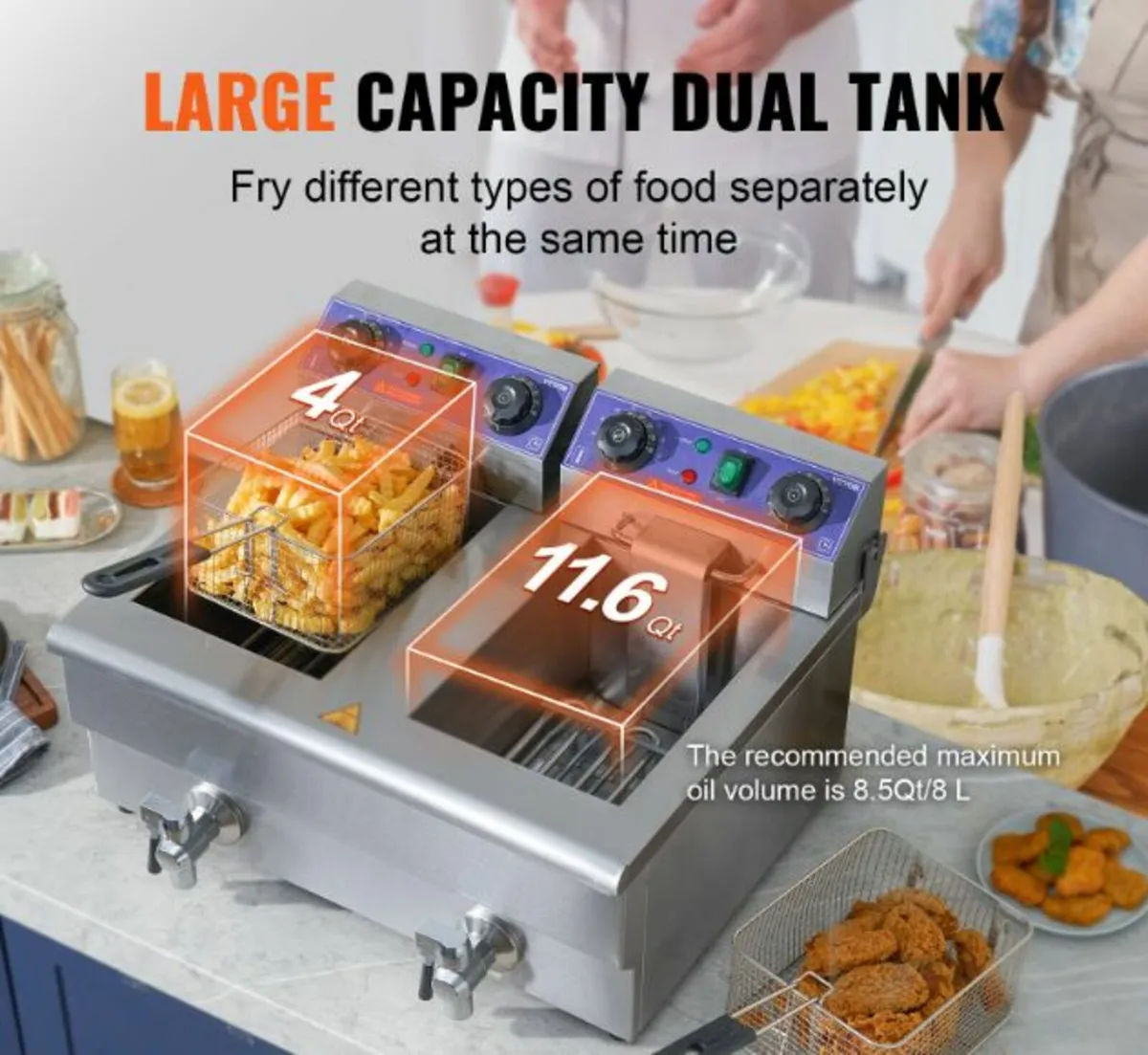 Dual Tanks 6000W Electric Deep Fryer + Oil Filter, - Image 2