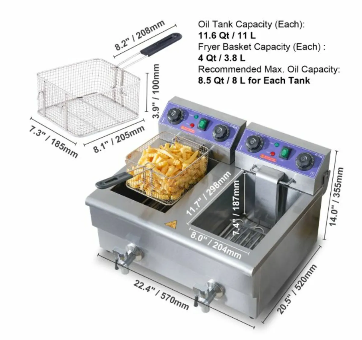 Dual Tanks 6000W Electric Deep Fryer + Oil Filter, - Image 4