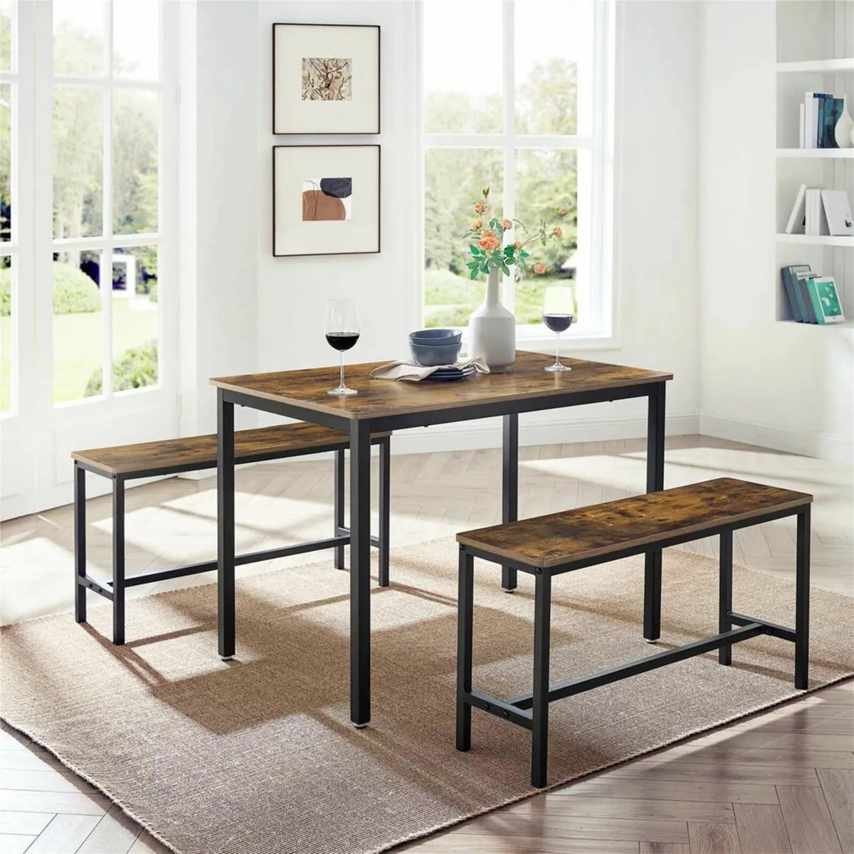 Dining table, kitchen table set, with 2 benches - Image 1