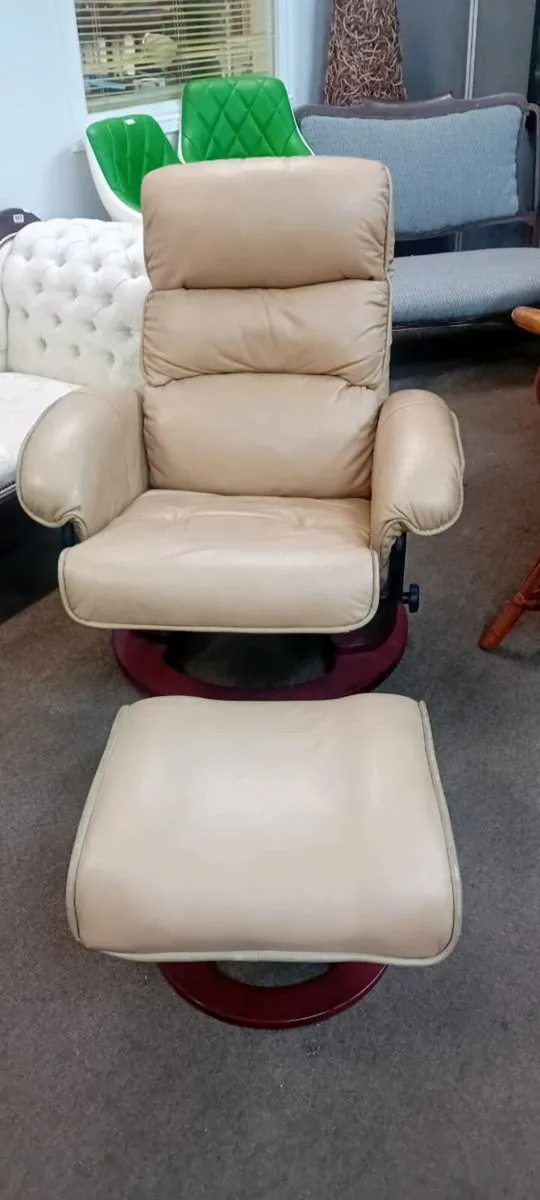 Modern Leather Swivel Armchair With Footstool - Image 1