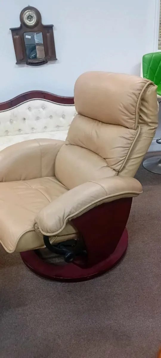 Modern Leather Swivel Armchair With Footstool - Image 2