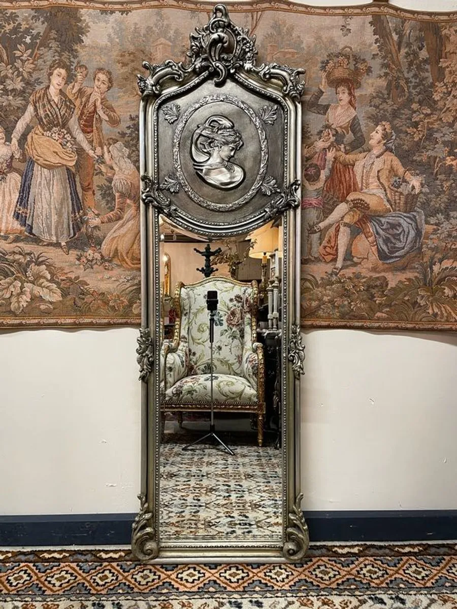Beautiful Tall & Narrow Silver Gilt Plaque Decorated Mirror - Image 1
