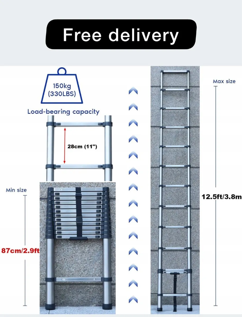 3.8m 12.5ft extendable height telescopic ladder - Image 1
