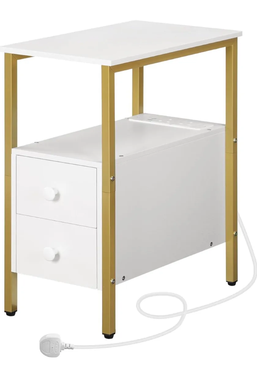 2 Side Tables, Narrow Bedside White Gold - Image 3