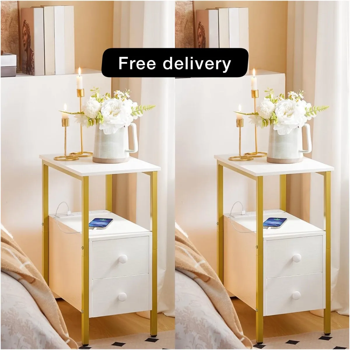 2 Side Tables, Narrow Bedside White Gold - Image 1
