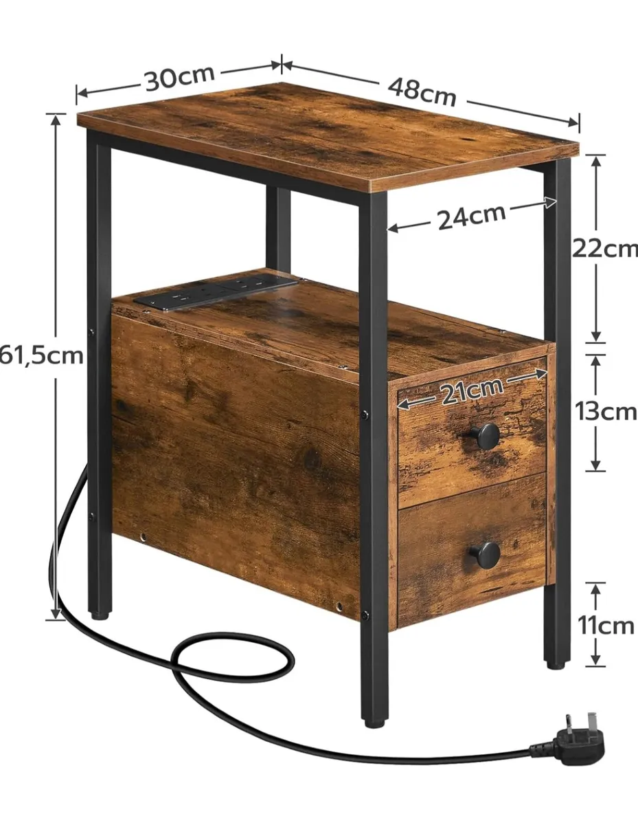 2 Side Tables, Narrow Bedside Rustic Brown - Image 2