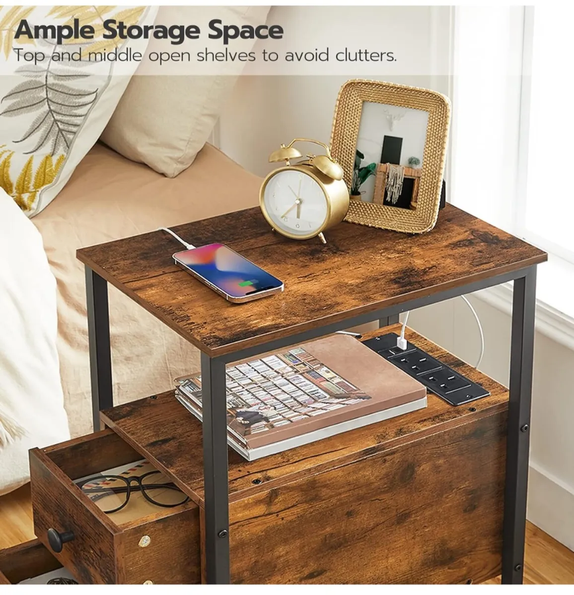 2 Side Tables, Narrow Bedside Rustic Brown - Image 4