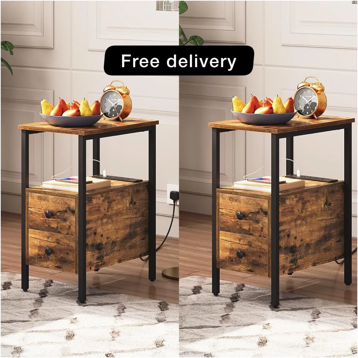 2 Side Tables, Narrow Bedside Rustic Brown - Image 1