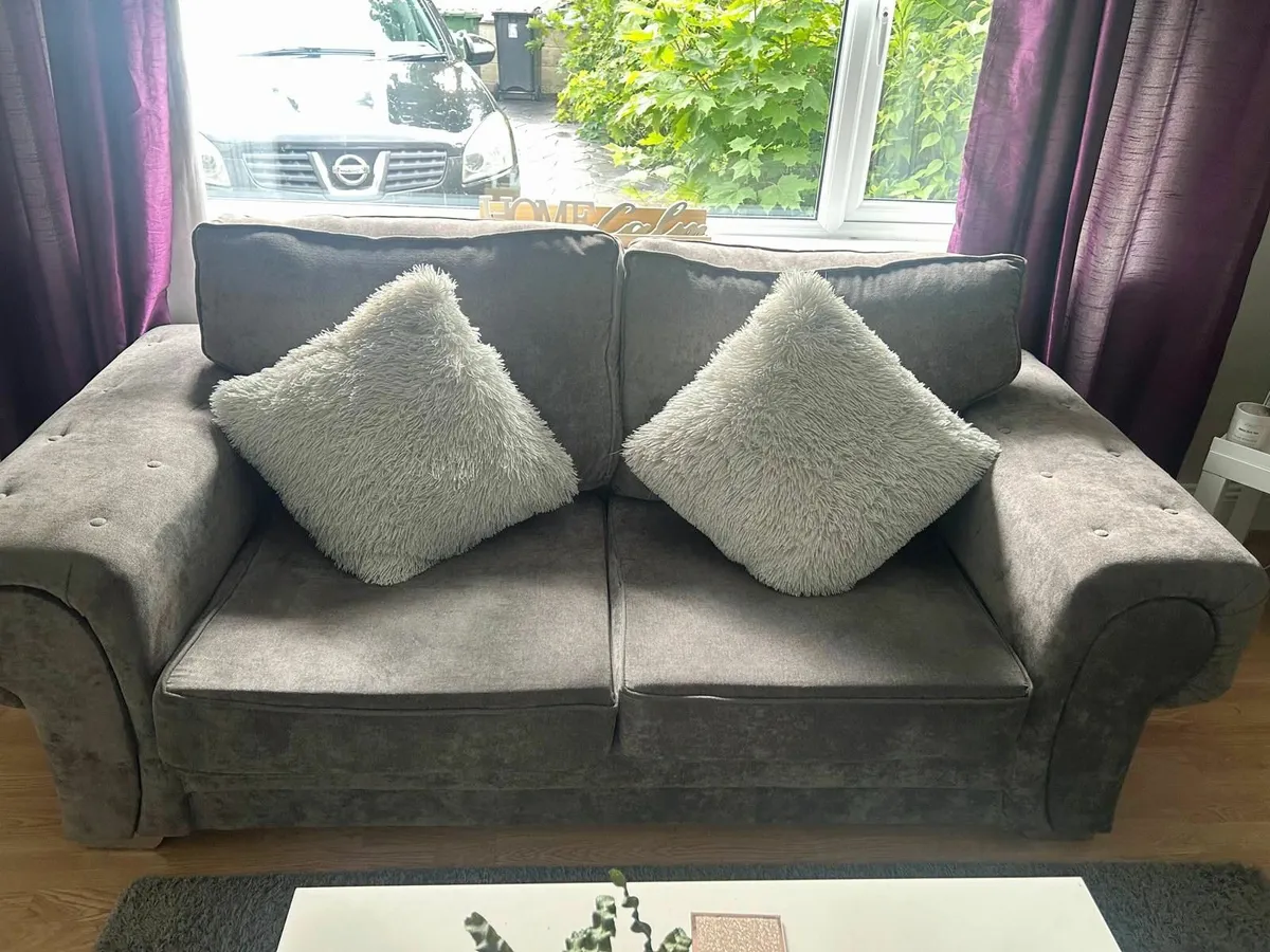 2 x Grey soft fabric 2.5 seater sofas - Image 1