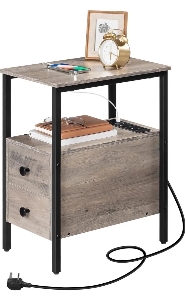 2 Side Tables, Narrow Bedside Rustic Greige and Bl - Image 2