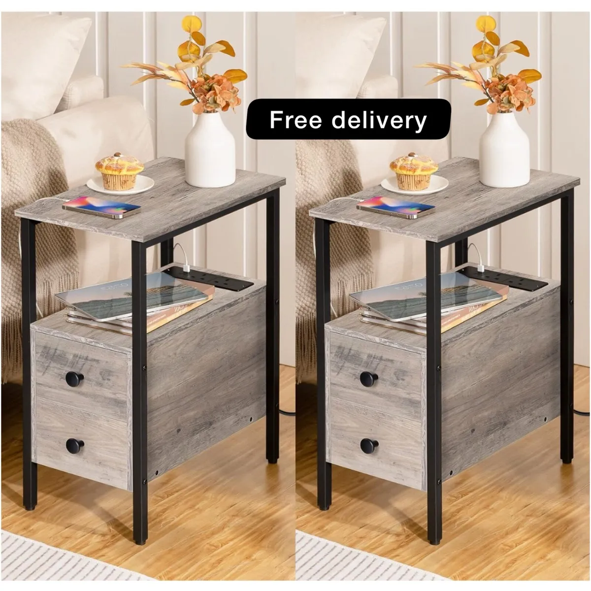 2 Side Tables, Narrow Bedside Rustic Greige and Bl - Image 1
