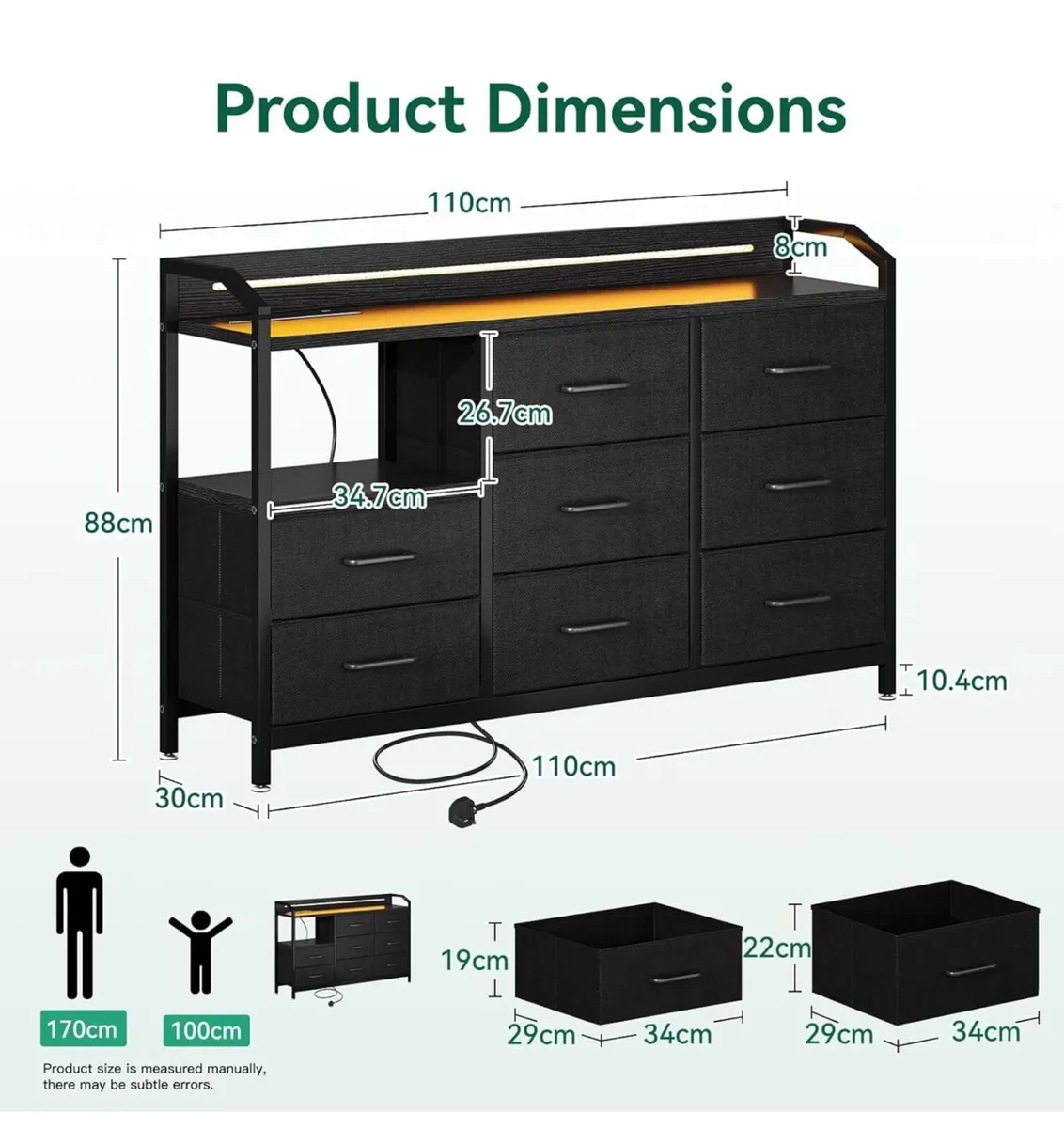 Black Chest of Drawers Bedroom, with LED Light tri - Image 3