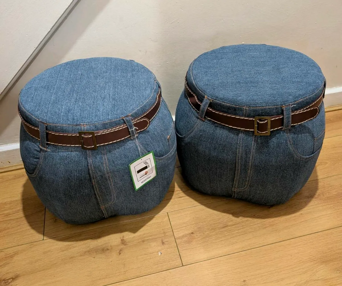 PAIR CONTEMPORARY DECORATIVE DENIM POUFFES - Image 1