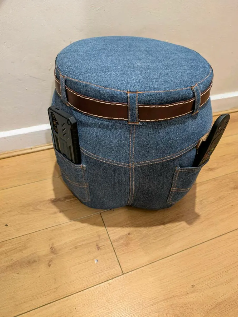 PAIR CONTEMPORARY DECORATIVE DENIM POUFFES - Image 2