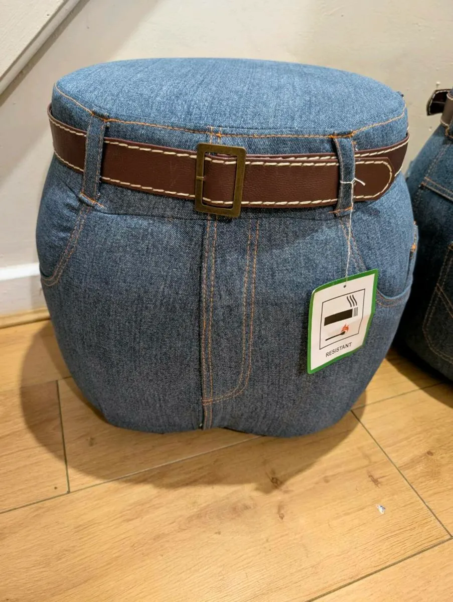 PAIR CONTEMPORARY DECORATIVE DENIM POUFFES - Image 4