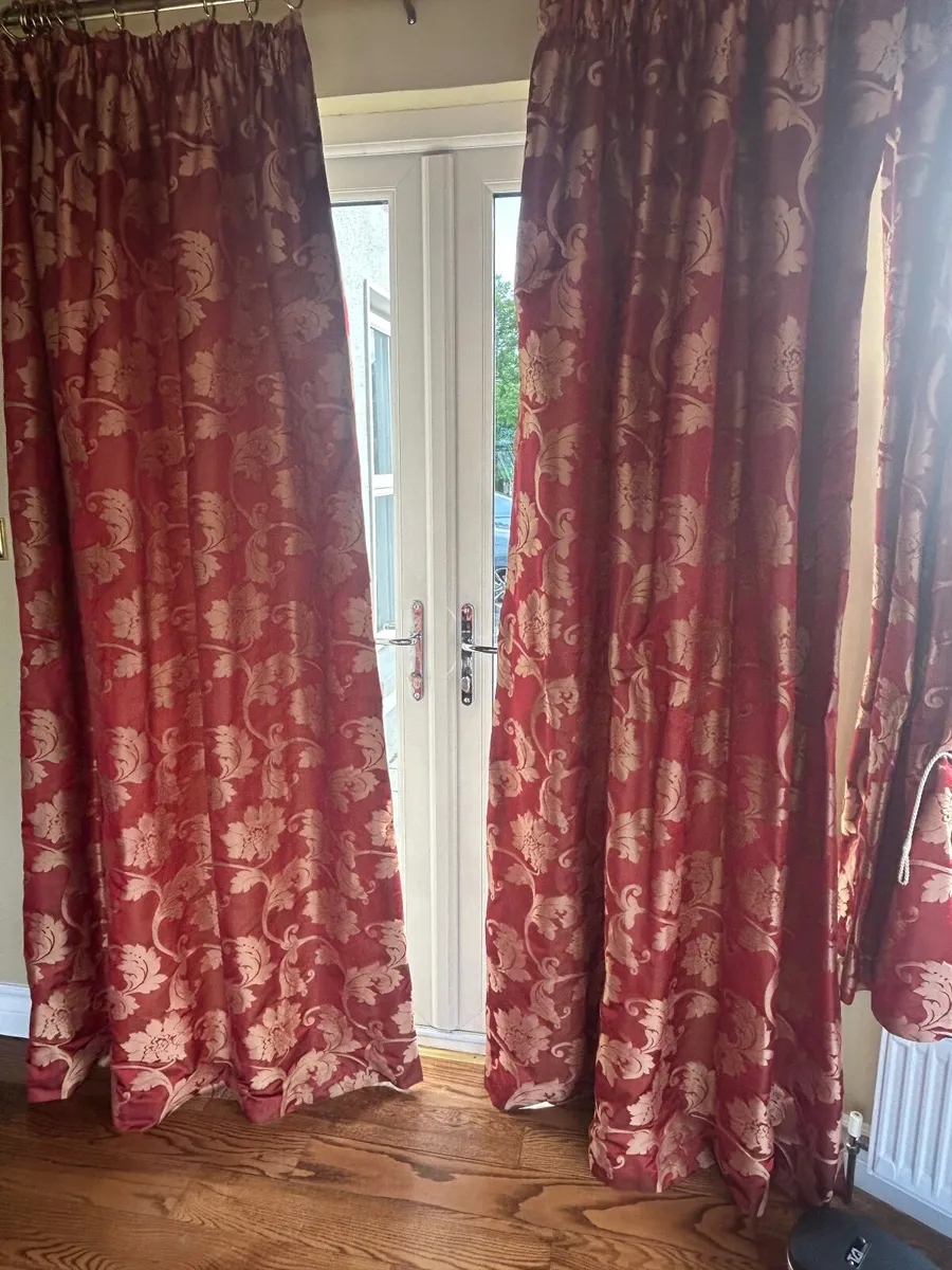 Red/gold thermal lined curtains and poles - Image 1