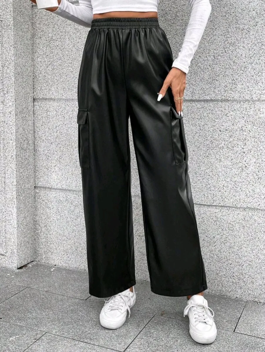 Flap Pocket Side PU Leather Pants Size S - Image 1