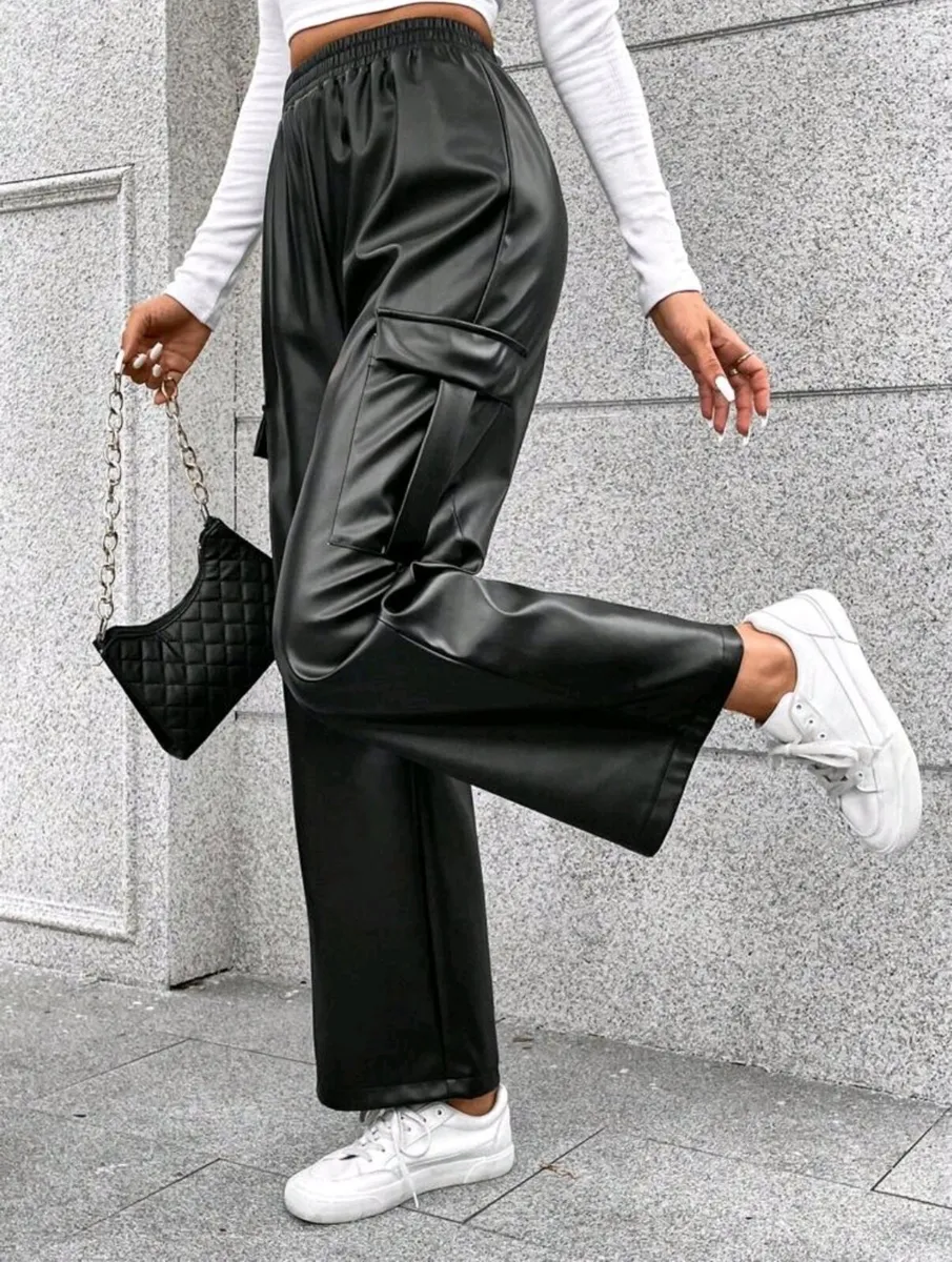 Flap Pocket Side PU Leather Pants Size S - Image 2