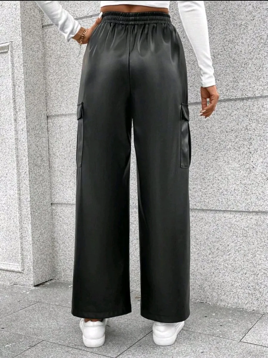 Flap Pocket Side PU Leather Pants Size S - Image 3