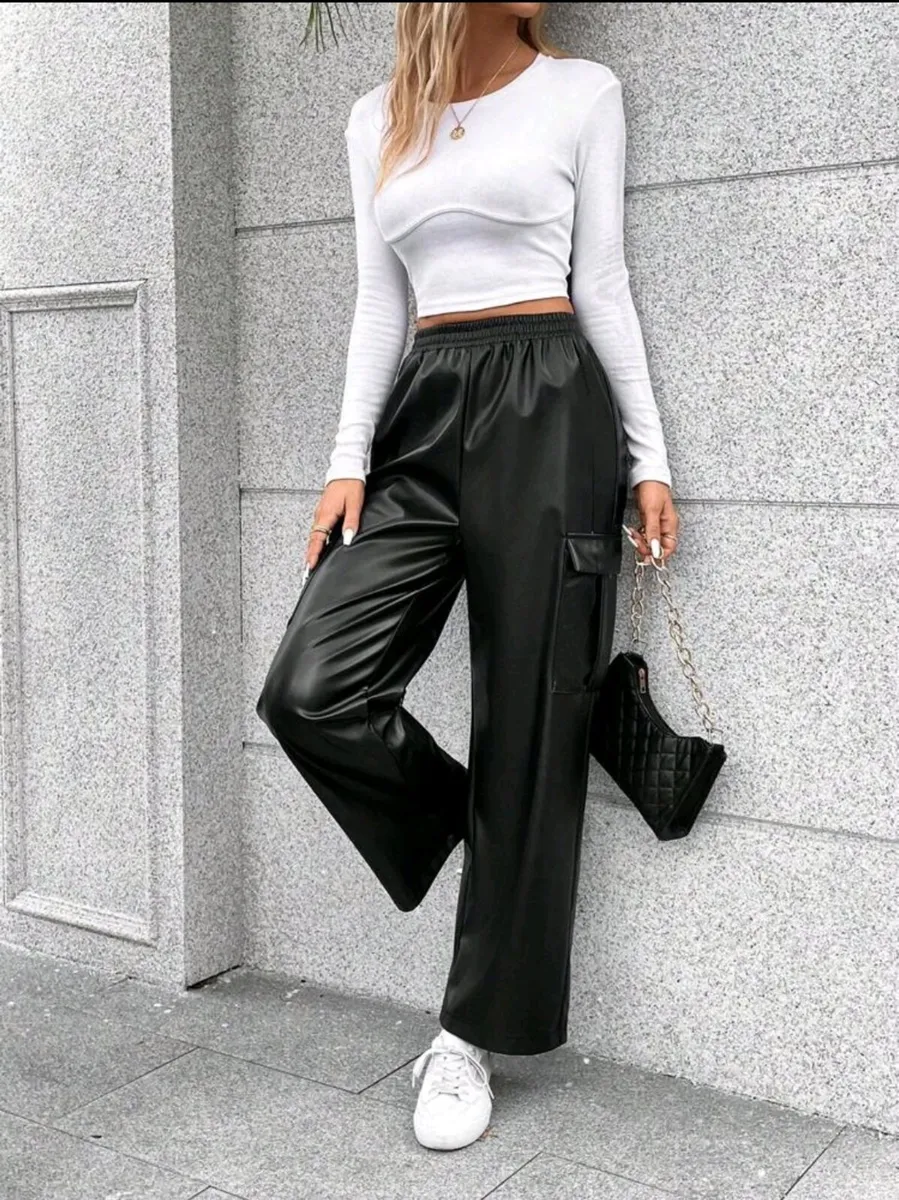 Flap Pocket Side PU Leather Pants Size S - Image 4