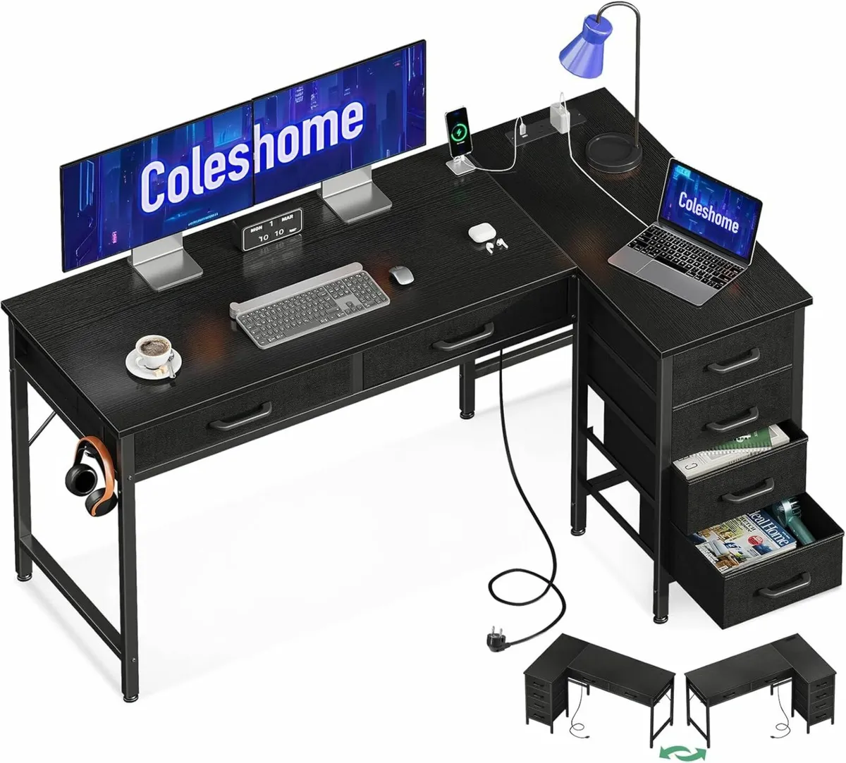 L Shaped Office Desk Computer Drawers 126x80cm - Image 2