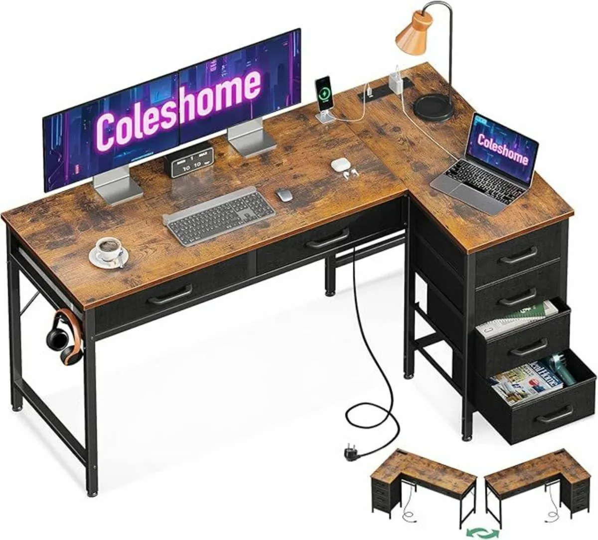 Computer Corner Desk Drawers Office Brown 126x80cm - Image 2