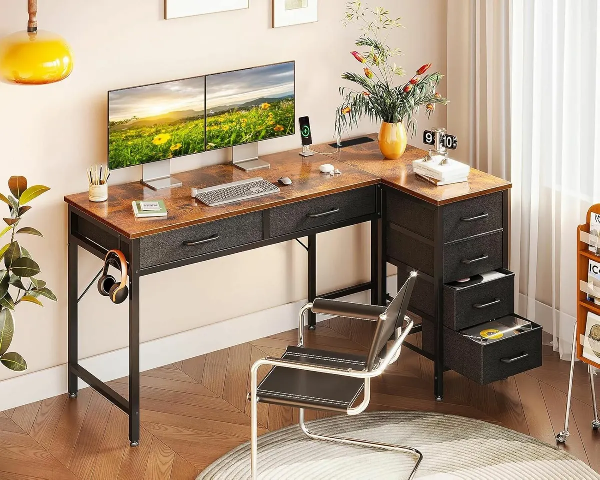 Computer Corner Desk Drawers Office Brown 126x80cm - Image 1