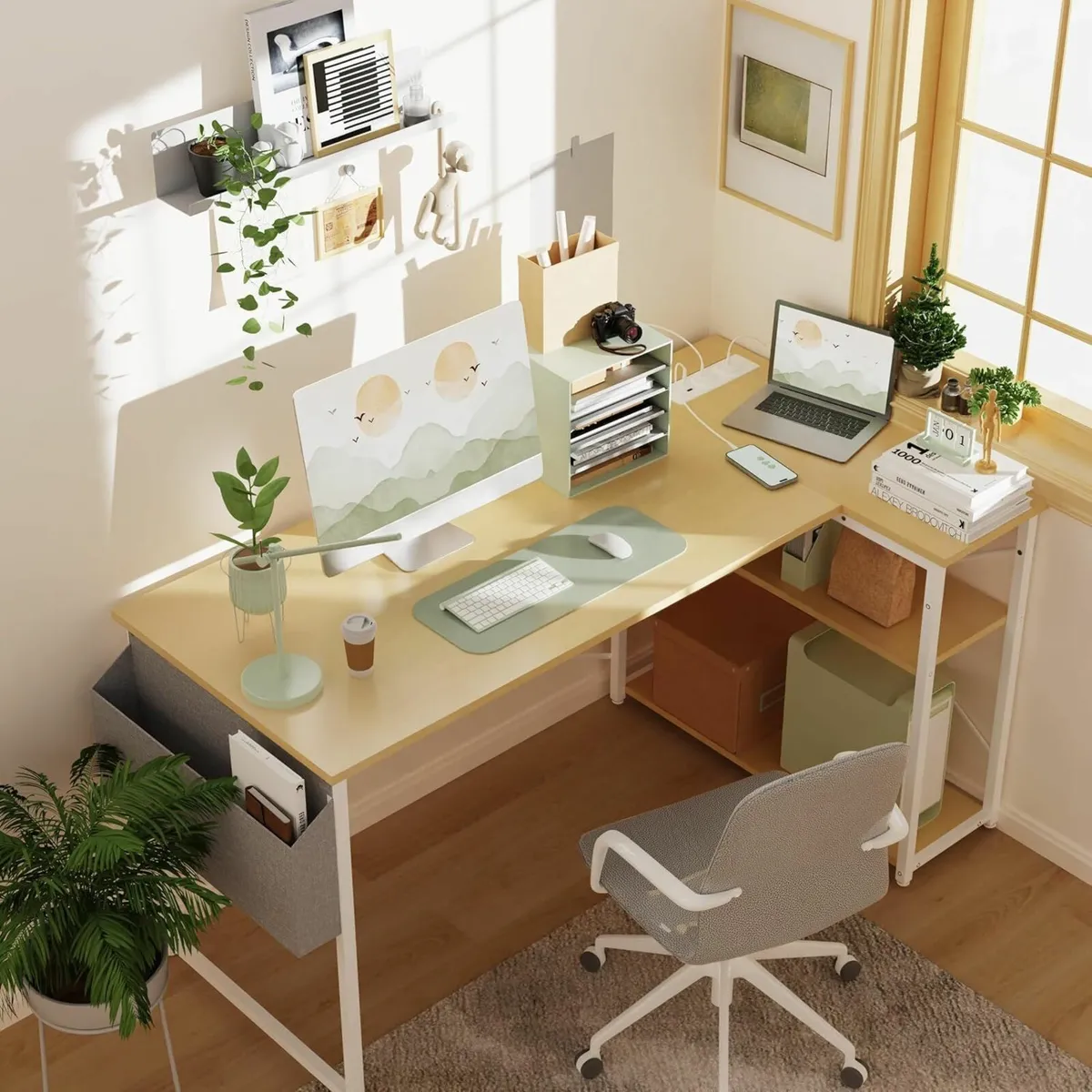 L Shaped Office Desk Power Outlets 120x70cm Beige - Image 4