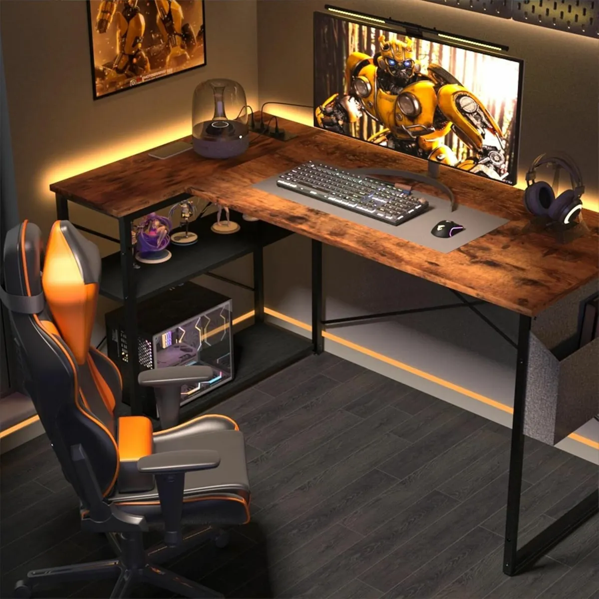 L Shaped Desk Office Brown Power Outlets 120x70cm - Image 3