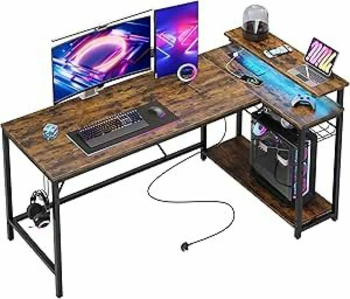 L-Shaped Office Desk LED Light Power Outlets 147cm - Image 3