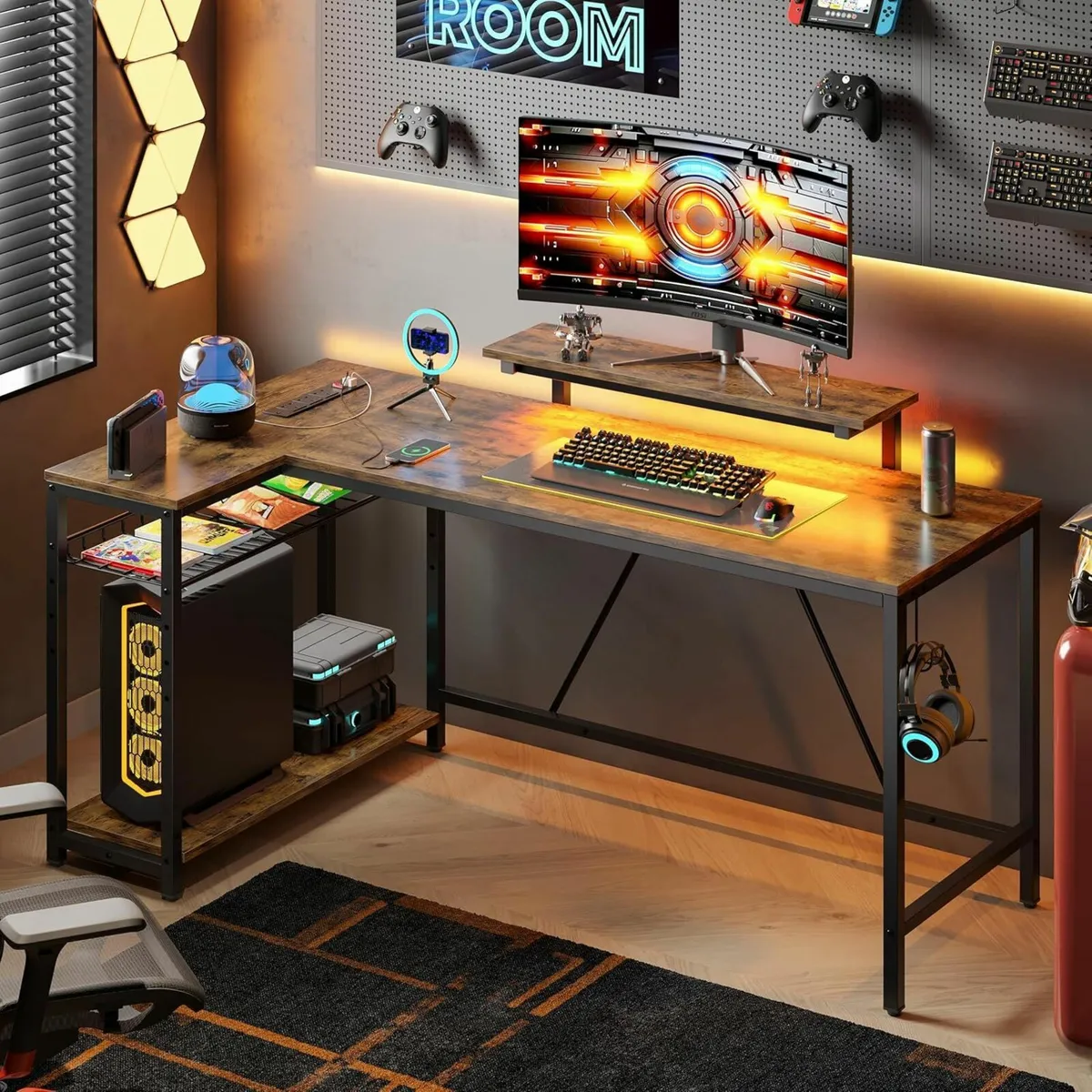 L-Shaped Office Desk LED Light Power Outlets 147cm - Image 2