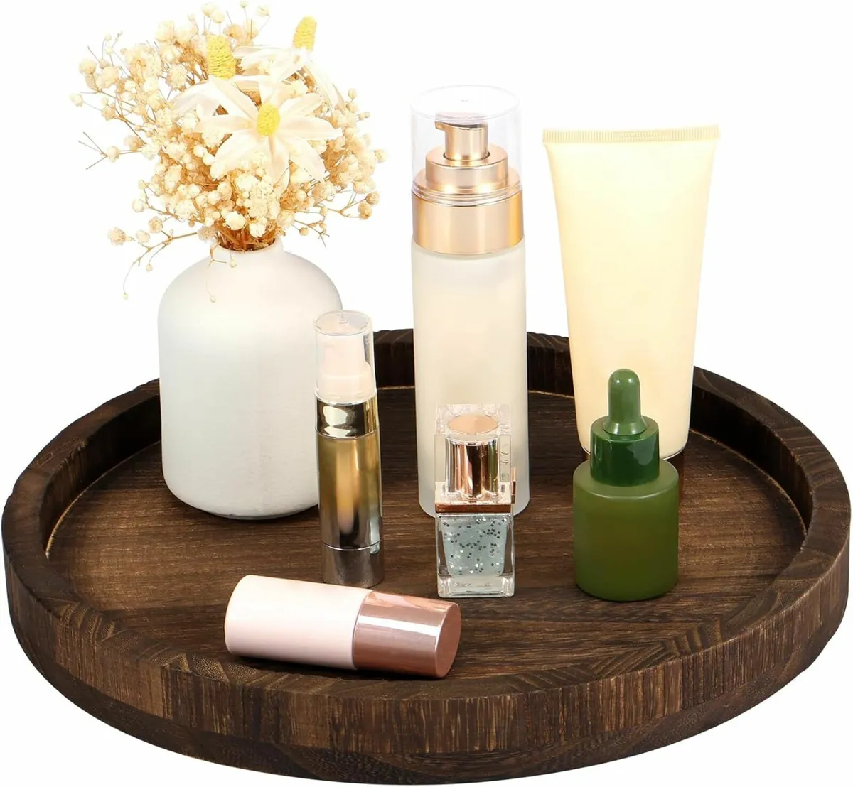 Round Wood Tray Vintage makeup Platter 30cm - Image 2