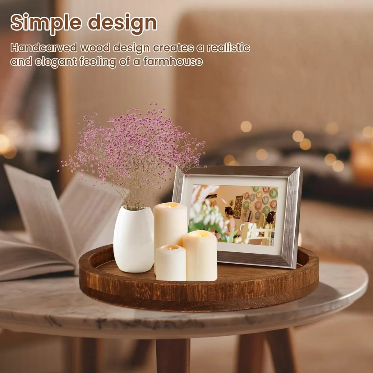 Round Wood Tray Vintage makeup Platter 30cm - Image 4