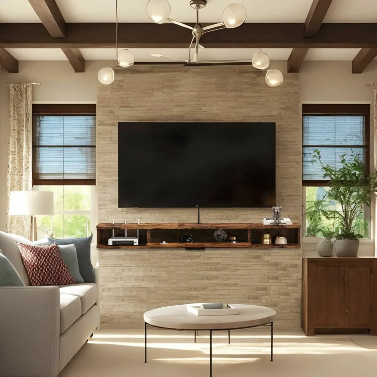 Floating TV Unit Wall Mounted Cabinet 140cm Brown - Image 3