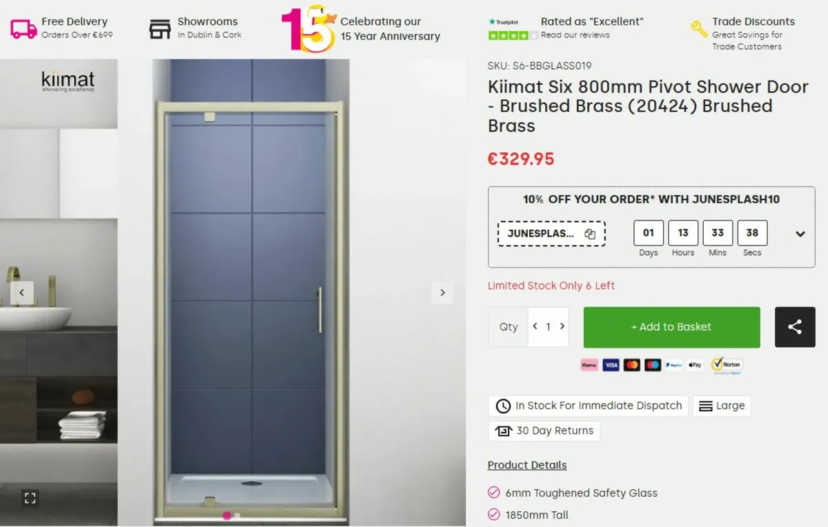 Pivot Shower Door - Brushed Brass - Image 1