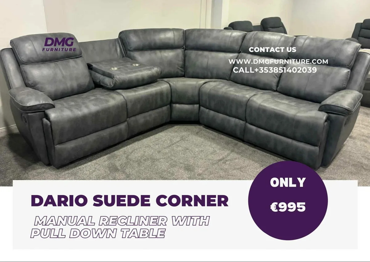 New Dario Grey Fabric Suede Corner Recliner - Image 1