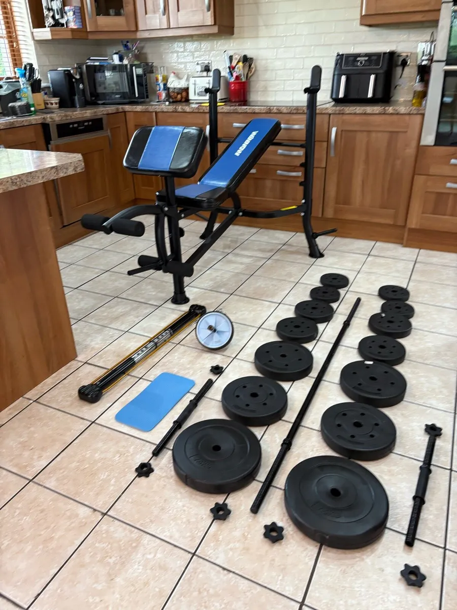 WEIGHT BENCH, PREACHER, LEG, WEIGHTS + BARS!! - Image 1