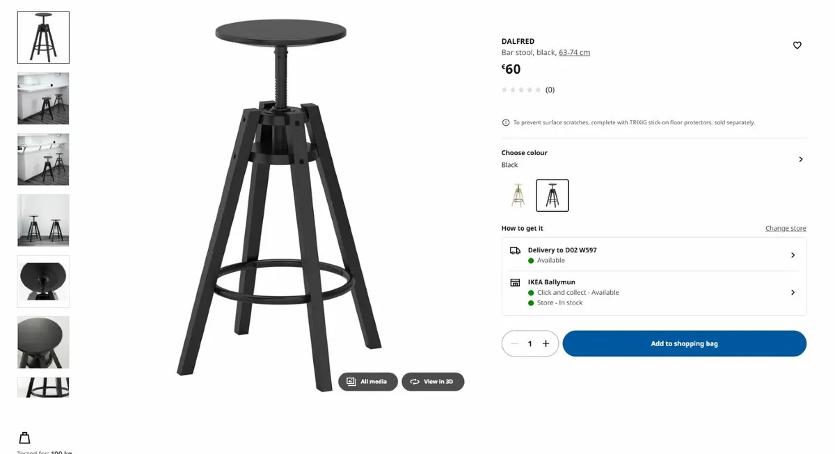 IKEA DALFRED Bar stool, black, 63-74 cm - Image 3