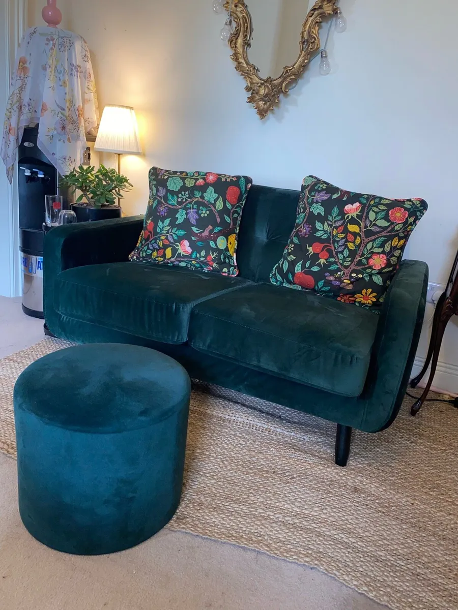 Green velvet 2 seater couch with matching pouffe - Image 1