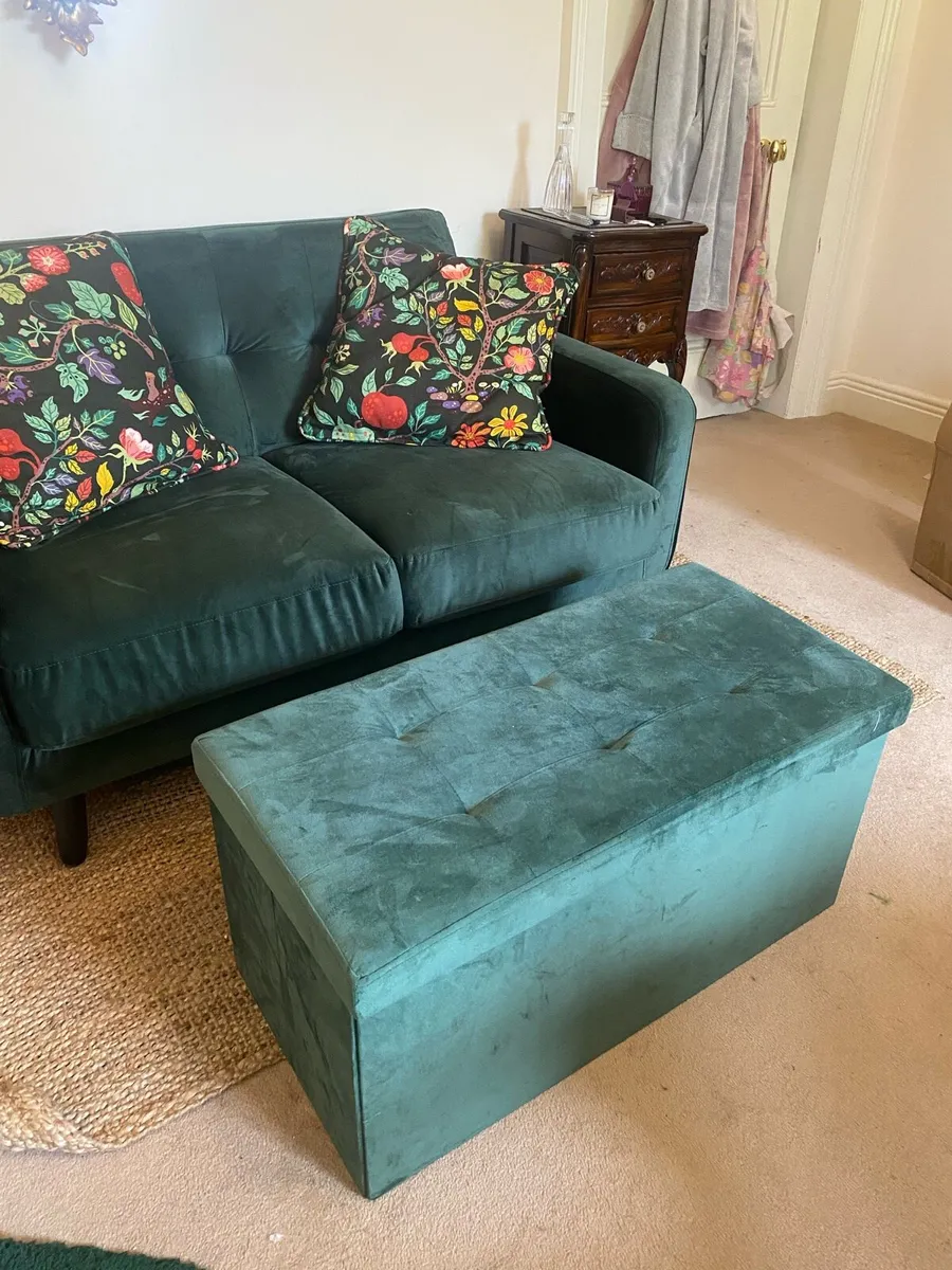 Green velvet 2 seater couch with matching pouffe - Image 2