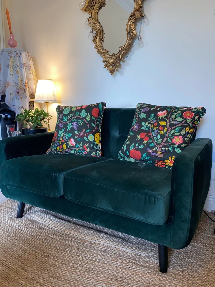 Green velvet 2 seater couch with matching pouffe - Image 3