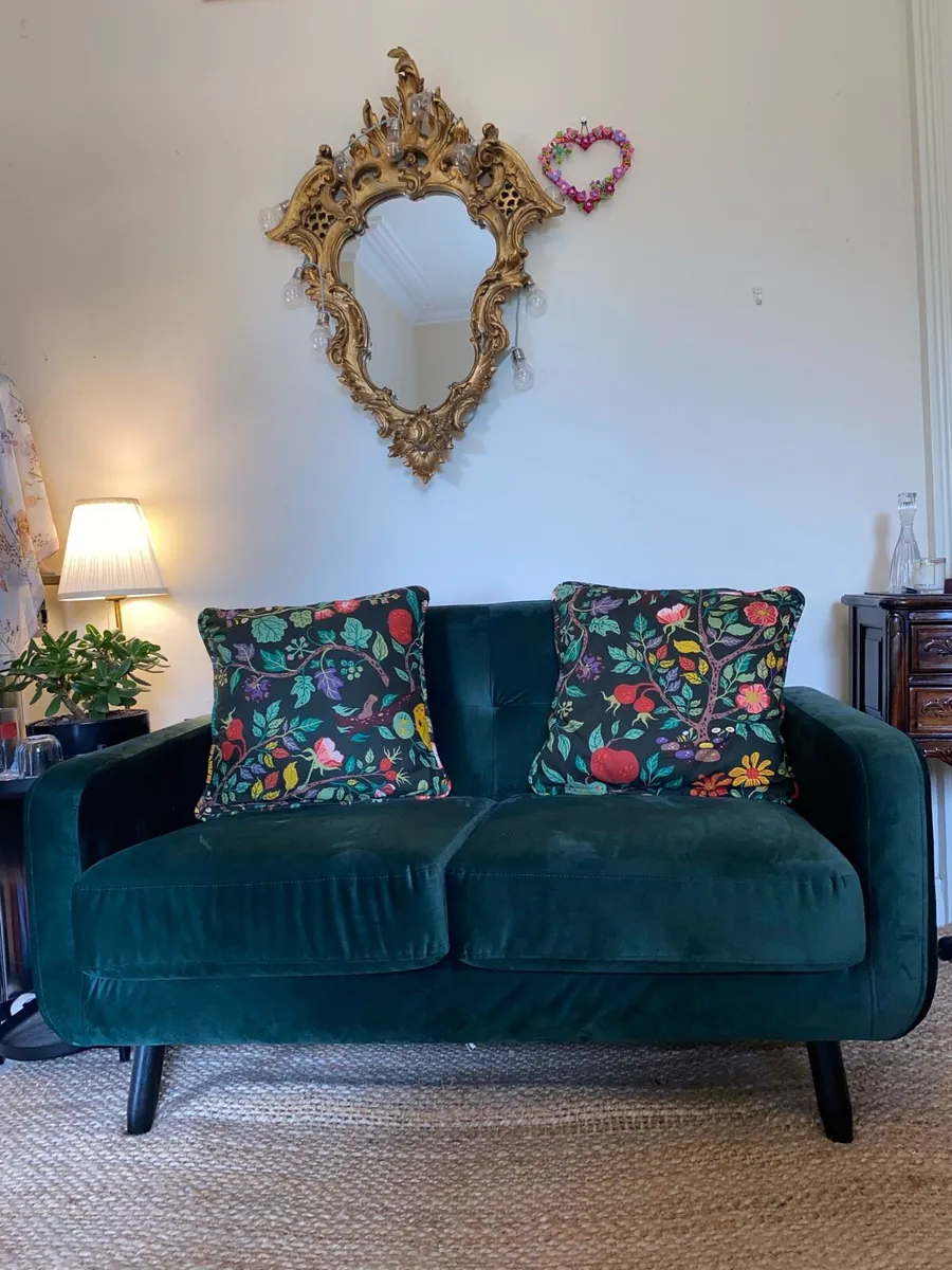 Green velvet 2 seater couch with matching pouffe - Image 4