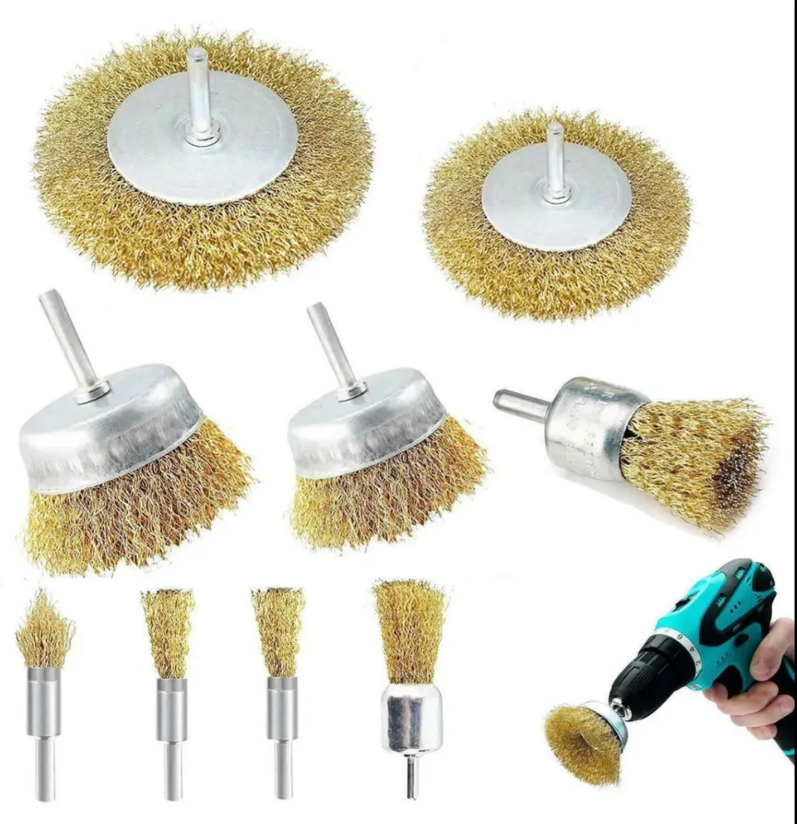 9Pcs Brass Coated Wire Cleaning Drill Attachments - Image 1