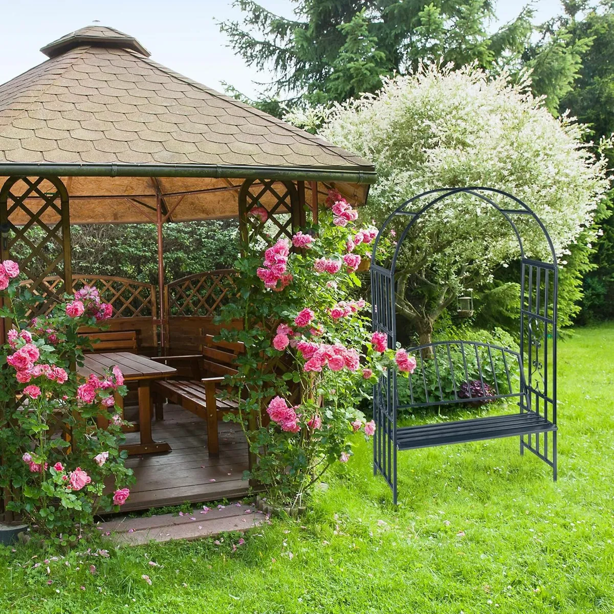 Rose Arch with Bench, Heavy-Duty Metal 2-Seater De - Image 4