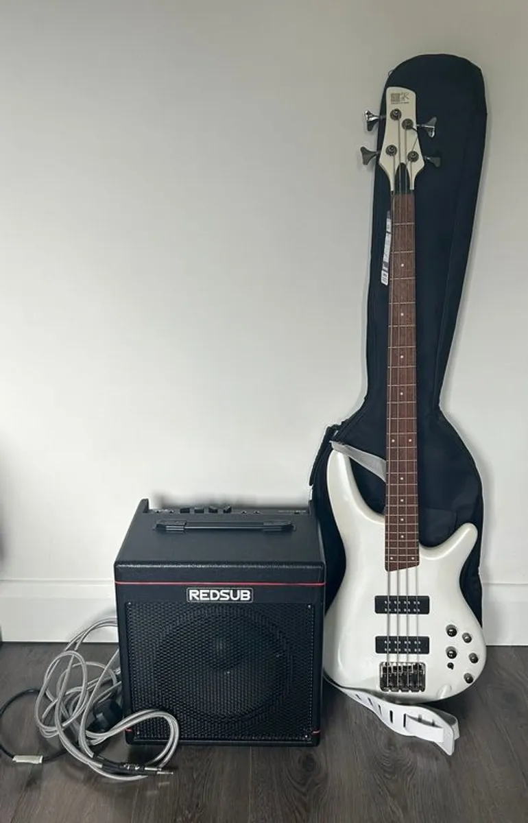 Pearl White Electric Bass & Amp - Image 1