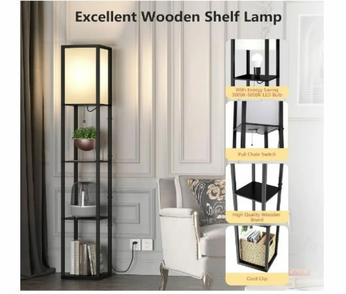 Wooden Floor Lamp with Shelf - Image 4