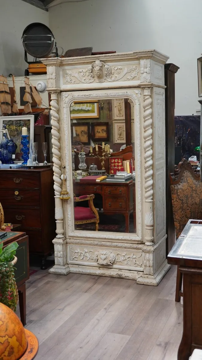 🏛️ Antique Hand-Carved Painted Armoire with Mirro - Image 1