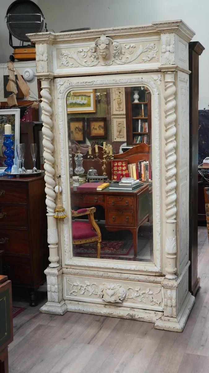 🏛️ Antique Hand-Carved Painted Armoire with Mirro - Image 2