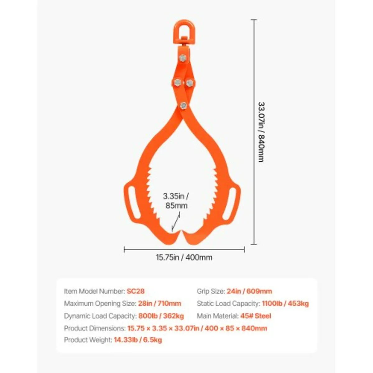 28in Log Lifting Tongs 2 Claw Solid Steel Log Grap - Image 2